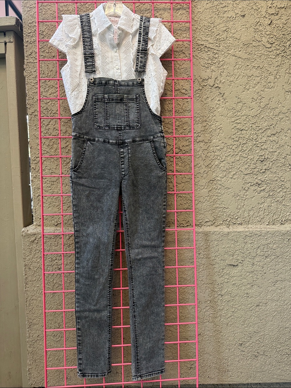 Women's Black Bullhead Acid-Wash Denim Overalls